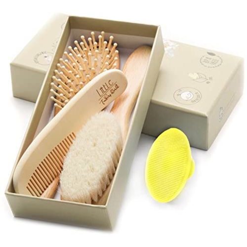 Wooden Baby Hair Brush and Comb Set (4-Piece) for Newborns and Toddlers | Ideal for Baby Cradle Cap | Wood Bristles Baby Brush | Baby Massage and Scalp Brush | Perfect for Baby Registry Gift Set