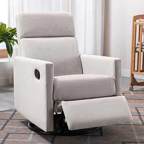 Merax Modern Modern Soft Linen Swivel Push Back Rocker Recliner w/Headsupport Adjustable Nursery Glider Chair for Living Room, Bedroom Tan