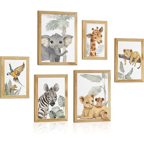Baby Animal Nursery Wall Decor: Safari Animal Wall Art Print for Boys Girl, Animal Nursery Poster for Kids, Jungle Nursery Pictures Framed Set of 6 for Baby Room Nursery Decor - 6 Panels - Animal 2