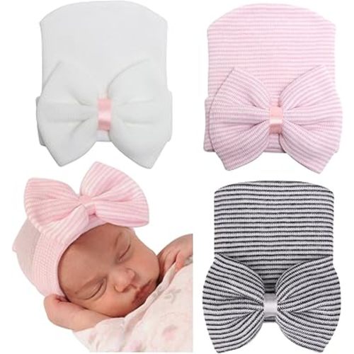 3 Pack Newborn Hats for Baby Girls Bow Infant Hat Cotton Cute Nursery Caps Newborn Beanie Baby Hats 0-3 Months