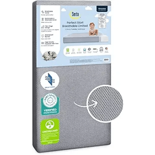 Serta Perfect Start Breathable Limited Two -Stage Crib Mattress and Toddler Mattress - Breathable Cover and Fiber Core, Machine Washable Cover, Waterproof, 7 Year Warranty, Made in USA