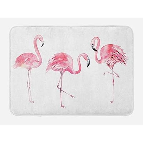 Lunarable Pink Flamingo Bath Mat, Exotic Birds Watercolors Nature of Brazil Rainforests Aloha Wildlife, Plush Bathroom Decor Mat with Non Slip Backing, 30.2" x 20", Pale Pink and White