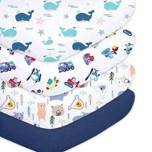 Plushii 4 Pack Fitted Crib Sheets for Baby Boys, 28"x 52" Extra Soft Microfiber Crib Sheet Set for Standard Crib & Toddler Mattress Pad, Whale & Toy & Little Bear & Navy Blue