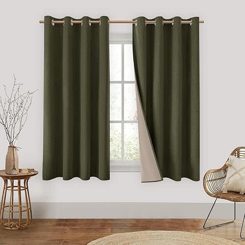 HOMEIDEAS Olive Green 100% Blackout Curtains 2 Panels Linen Room Darkening Curtains 52 X 63 Inches Thermal Insulated Grommet Window Drapes with Liner for Living Room, Bedroom