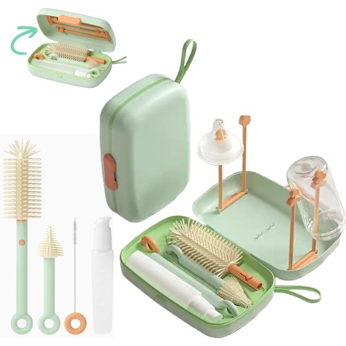 Travel Bottle Cleaner kit, 7in1 Baby Travel Essential Silicone Travel Bottle Brush Set, Nipple, Drying Rack, Straw, & Breast Pump Cleaning Organizer Case