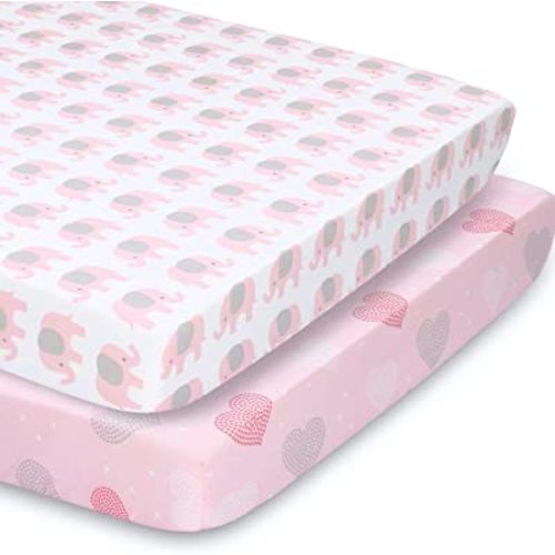 The Peanutshell 3-Pack Fitted Playard Sheets - Soft & Breathable Baby Girl Mini Crib Sheets, Pack N Play Mattress, Fits Standard Playard Pack Play Mattresses - Pink Elephants & Hearts