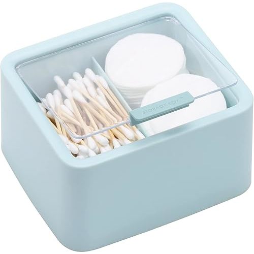 Tecbeauty Large Qtips Holder - 2 Grids Cotton Swabs Dispenser Bathroom Organizer Cotton Balls, Cotton Pads Storage Canisters, Hinged Lids, Blue