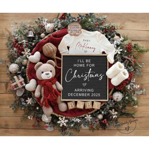 Christmas Digital Pregnancy Announcement \ Due in December Baby Announcement \ Gender Neutral\ Editable Template\ I&#39;ll be home for Christmas