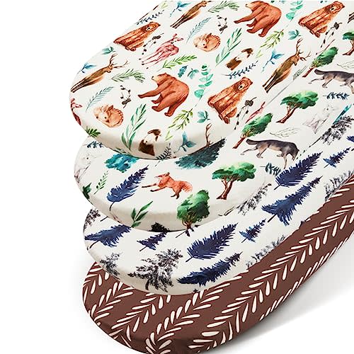 4 Pack Bassinet Sheets Woodland Forest Animals Wood Neutral Unisex Fitted Baby Bassinet Sheets Set for Standard Bassinets for Baby Boys or Girls