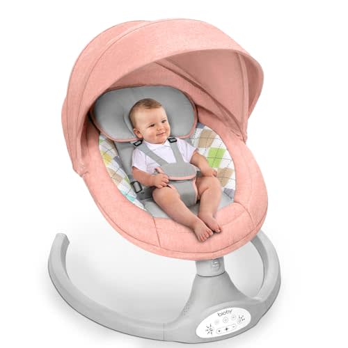 Bioby Baby Swing for Infants with 5 Natural Sway Speeds, Portable Bt Music Baby Bouncer with Remote Control & 5-Point Harness, Lightweight Baby Rocker for 5-20 Lb,0-12 Months Pink