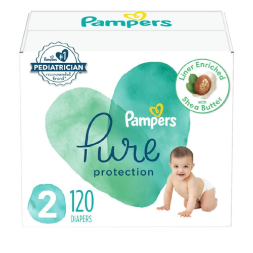 Pampers Baby Diapers - Pure Protection - Size 2, 120 Count, for up to 100% Leakproof, Premium Plant-based Skin Protection