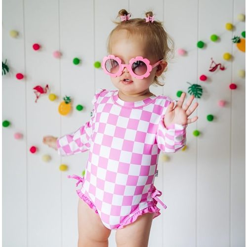 MAYUMMPY Toddler Baby Girls Bikini Beach Swimwear Zipper Swimsuit UPF 50+ Rash Guard One Piece Long Sleeve Bathing Suit - 6-12 Months - Checkerboard Print Pink