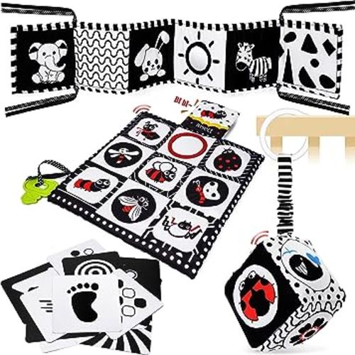 Baby Toys 0-6 Months, Notique 4 Pcs Newborn Black and White Baby Toys, Montessori Tummy Time Toys 0 3 6 9 Months, Sensory Soft Book for Babies, Educational Cards Baby Essentials Infant Toys Baby Gifts