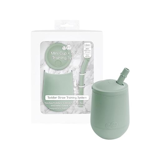 ezpz Mini Cup + Straw Training System - 9 Months+ (Sage) - 100% Silicone Training Cup for Infants + Toddlers - Designed by a Pediatric Feeding Specialist