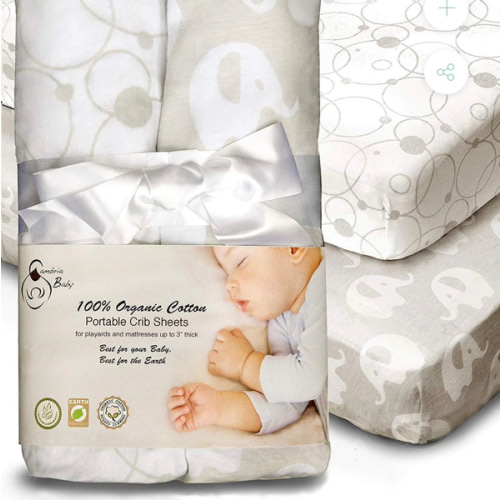 100% Organic Cotton Fitted Sheets for Pack ‘n Play and Other Portable Mini Cribs. 2 pack