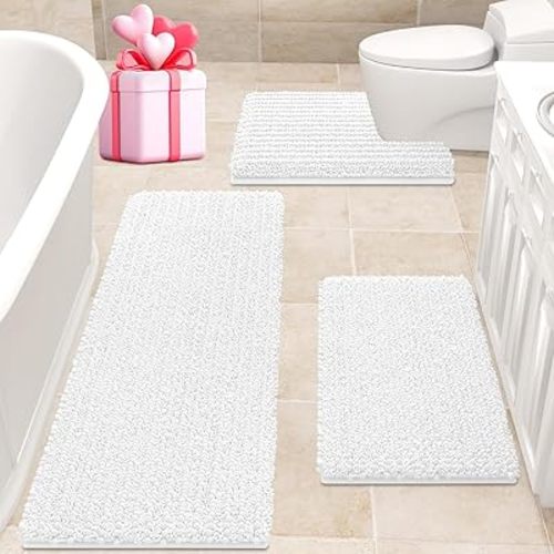 ACCUMTEK Upgrade Extra Large White Bathroom Rug Set 3 Pieces Ultra Soft, Thick Absorbent Bath Mats, Non Slip Chenille Toilet Mat for Bathroom, Bedroom, Kitchen