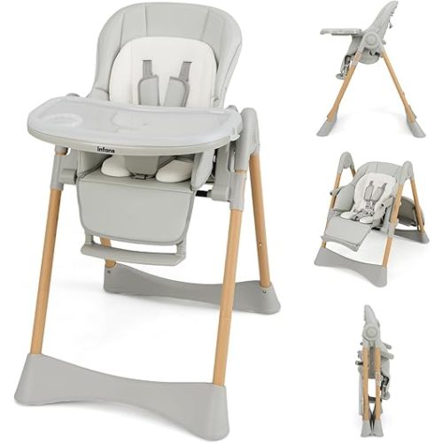 INFANS Baby High Chair, High Chairs for Babies & Toddlers with Adjustable Height Backrest Footrest Removable Tray, Easy to Clean PU Seat Convertible Quick Folding Portable Highchair (Gray)