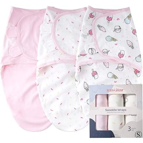 insular Swaddle Blanket, Baby Swaddle Wrap for Newborn and Infant, Adjustable Swaddle Set for Boy and Girl, Soft Cotton Sleep Sack 3 Pack Small(0-3 Month), Ice Cream