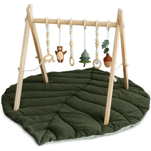Razee Wooden Baby Play Gym Activity Mat, Leaf Shaped Play Mat Baby Gym with 6 Hanging Sensory Toys Foldable Baby Gym Newborn Infant Baby Gift