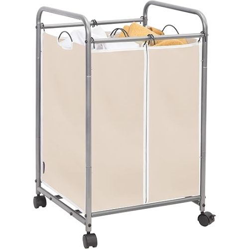 STORAGE MANIAC Laundry Sorter 2 Section, 90 L Gal Laundry Hamper with Wheels, Clothes Basket Separator Sorter, 2 Bag Clothes Cart with Wheels and Removable Bags for Closet, Dorm, Collage, Beige
