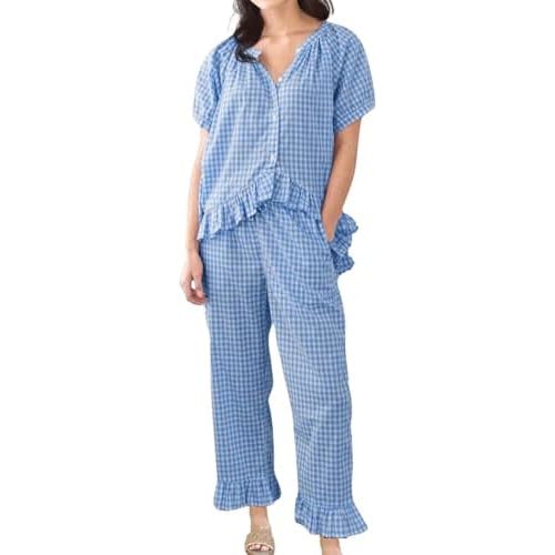 Womens Gingham Pajama Set 2 Piece Short Sleeve Babydoll Shirt and Pants Lounge Set Cute Sleepwear