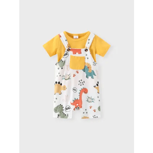 2pcs Baby Boy Short-sleeve Solid Tee and Allover Dinosaur Print Overall Romper Set Only $14.24 - PatPat US Mobile