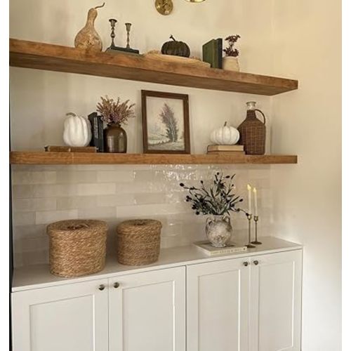 ROGMARS 36 Inches Long Walnut Floating Shelves,Rustic Solid Wood Farmhouse Wall Shelves with Invisible Brackets for Bathroom, Living Room, Bedroom, Kitchen Set of 2