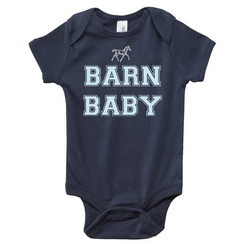 Equestrian Creations Barn Baby Horse Onesie, Navy Blue with Light Blue Lettering for Infant Boys - Pony Lover Bodysuit Gift