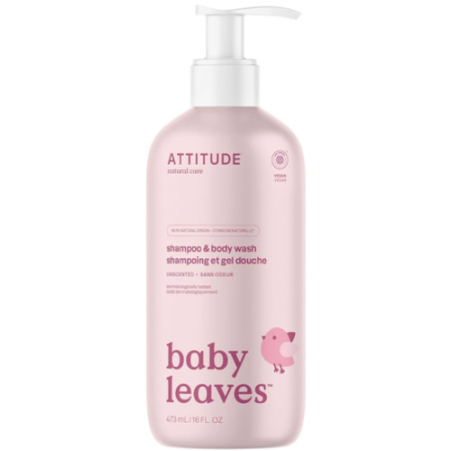 ATTITUDE 2-in-1 Shampoo and Body Wash for Baby, Fragrance-Free EWG Hypoallergenic Plant- and Mineral-Based Ingredients, Vegan and Cruelty-Free, Unscented, 16 Fl Oz
