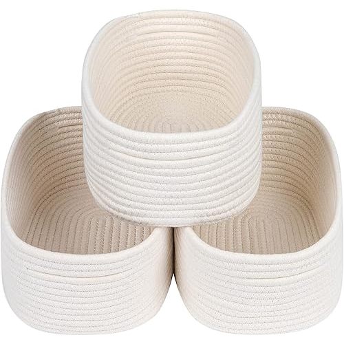 CubesLand Off White Small Storage Baskets for Shelves, Closet Organization Storage Bins Empty Gift Basket Baby Nursery Woven Baskets for Organizing, Rectangular Clothes Closet Shelves Baskets 3 Packs
