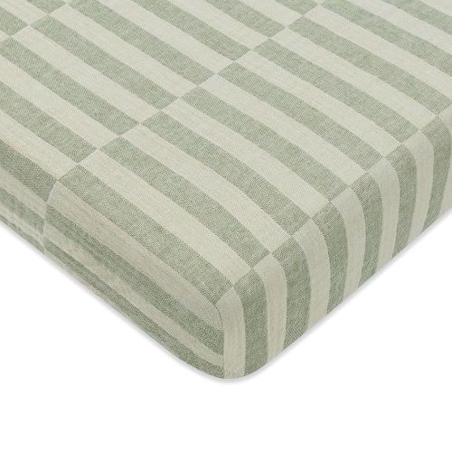 Babyletto 100% Organic Cotton Mini Crib Sheet, GOTS-Certified, Fitted 360°, Ultra-Soft and Breathable Muslin - Moss Green Offset Stripe