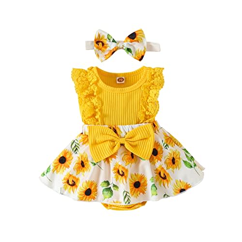 KAFIREN Baby Girl Clothes Newborn Romper Dress Infant Lace Ruffle Sleeveless Summer Outfits with Headband 0-12 Months