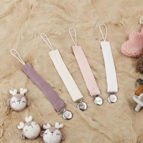Pacifier Clip for Baby Boy and Girl - Linen Soft Fabric Pacifier Hold with Clip for Binky, Leash Soothie Holder Unisex 4 Pack (Pink) - pink