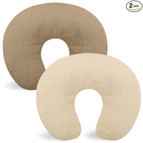 Muslin Nursing Pillow Covers 2 Pack, Soft and Breathable Nursing Covers for Breastfeeding Pillows, Adorable Infant Feeding Pillow Slipcover for Baby Boy and Girls (Brown Wheat)