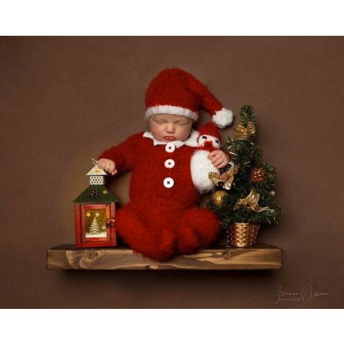 Newborn Santa Claus Outfit, 0-3 Months Christmas Costume Photo Prop, Red Mohair Button Up Romper, Sleepy Hat Set, Stuffed Snowman Toy