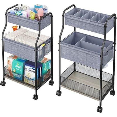 Baby Diaper Caddy Cart Organizer -3 Tier, Bedside Nursery Essentials Cart & Storage Holder for Newborn Baby Stuff, 2+1 Dividers, 1 Drawer,Rolling Utility Cart for Bedroom,Changing Table, Crib