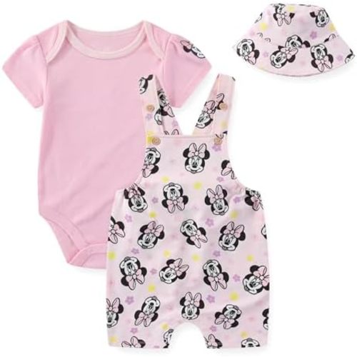 Disney Minnie Mouse Baby Girls French Terry Shortall Overalls T-Shirt and Hat 3-Piece Set for Infants