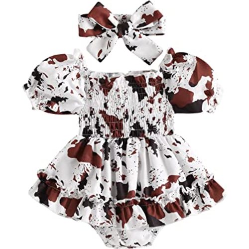 YINGISFITM Infant Baby Girl Long Sleeve Bubble Romper Ruffled Dress Cow Print Onesie Summer Dresses Cute Clothes