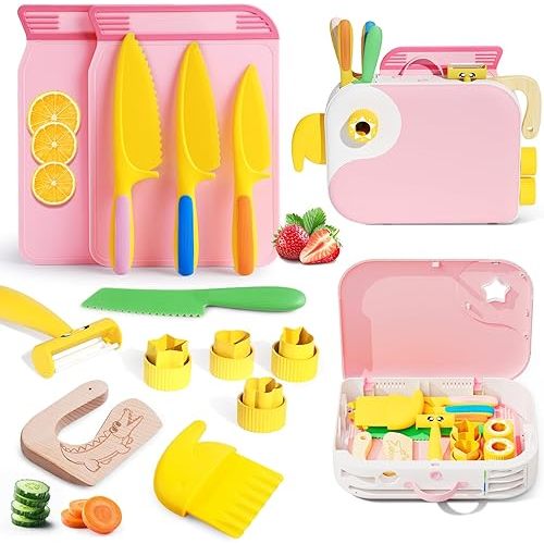 Kids Kitchen Knife Set for Real Cooking with Storage Box Pink, Montessori Kitchen Toy with Cutting Board, Plastic Toddler Knives, Peeler, Wooden Safe Knife for Age 3 4 5 6 7 8