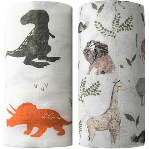 Little Jump Breathable Muslin Swaddle Blankets - 2 Pack 47 x 47 inches Jungle & Dinosaur- Softest Baby Receiving Blankets for Boys and Girls (Jungle & Dinosaur)