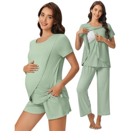Ekouaer 3 PCS Maternity Nursing Pajamas Set Postpartum Breastfeeding Short Sleeve Shirts, Pregnancy Shorts & Pants Pjs S-XXL
