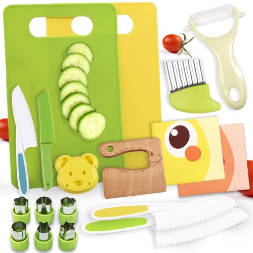Amazon.com: 18 Pieces Montessori Kitchen Tools Cookware Baking Toy for Toddlers Kids, Toddler Safe Knife Set for Real Cooking, w/ Cutting Boards, Crinkle Cutter, Peeler, Serrated Edges and Wooden Safe Knives : Toys & Games