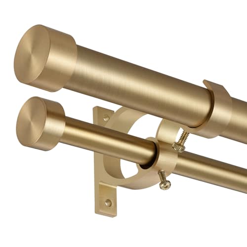 Lwiiom Double Blackout Curtain Rods,1-Inches Front and 5/8 Inches Back Adjustable End Cap Double Window Drapery Rod for Drapes and Curtains (Warm Gold, 72-144")