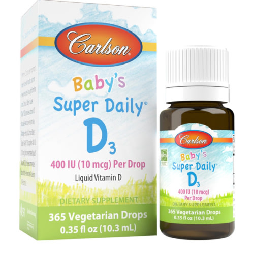 Carlson - Baby's Super Daily D3, Baby Vitamin D Drops, 400 IU (10 mcg) per Drop, 1-Year Supply, Vegetarian, Liquid Vitamin D Drops for Infants and Toddlers, Unflavored, 365 Drops