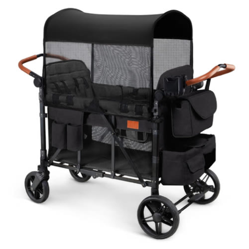 Wagon Stroller for 4 Kids, All-Terrain Wagon for Toddler with Canopy, Parent Organizer, Shoulder Bag, Adjustable Handlebar, Phone Holder, High Seat & 5 Point Harness, Ultimate Quad (Black)