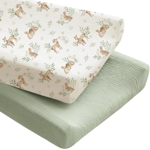 Konssy 2 Pack Muslin Changing Pad Covers for Boys, Ultra Soft & Breathable Cotton Baby Diaper Changing Table Covers, Neutral Nursery Diaper Changing Pad Sheets (Woodland,Sage)