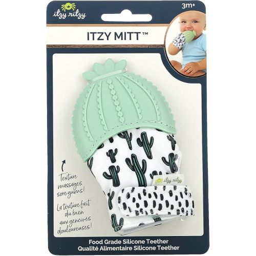 Itzy Ritzy Silicone Teething Mitt - Soothing Infant Teething Mitten with Adjustable Strap, Crinkle Sound & Textured Silicone to Soothe Sore & Swollen Gums - Baby Teething Toy For 3 Mos & Up, Cactus