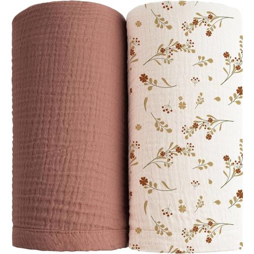 Konssy Muslin Swaddle Blankets for Boys Girls, 2 Pack Receiving Baby Blanket Large 47 x 47 inches, Soft Breathable Swaddling Wrap for Unisex Newborn (Chestnut, Posy)