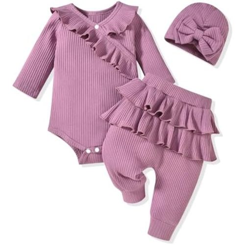 fioukiay Preemie Newborn Baby Girl Clothes Infant Girl Solid Ribbed Outfits Ruffle Romper and Pants 3PC Clothing Sets