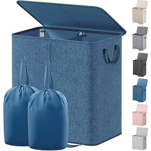Lifewit Double Laundry Hamper with Lid and Removable Laundry Bags, Large Collapsible 2 Dividers Dirty Clothes Basket with Handles for Bedroom Laundry Room Closet Bathroom College, 136L Blue